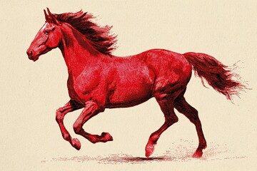 Red horse galloping across a light background, showcasing dynamic movement and vivid color
