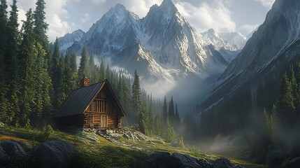 Secluded log cabin nestled amidst towering pine trees, with majestic snowcapped mountains in the background, creating a tranquil and breathtaking landscape
