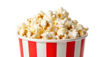 A classic red and white striped bucket overflowing with fluffy, freshly popped popcorn, isolated on a white background. Perfect for movie nights.