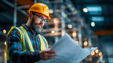 Focused project manager reviewing construction plans in a warehouse setting during daylight hours