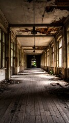 Fototapeta premium Abandoned hallway, dilapidated grandeur