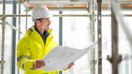 Construction project manager reviewing blueprints at indoor construction site