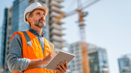 Modern project manager oversees construction site with tablet in hand during daytime