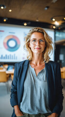 Professional woman leader standing confidently in a modern conference room