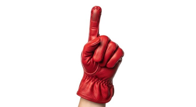 A hand in a vibrant red leather glove points upwards, signaling number one, attention, or direction on a clean white background.