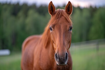 Obraz premium Horse stands gracefully in a lush green field during the late afternoon with a soft breeze blowing through the trees