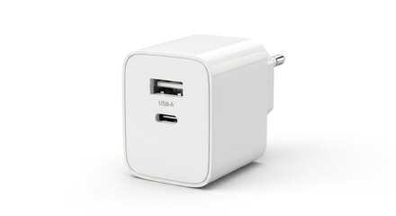 Modern white USB wall charger with both USB-A and USB-C ports, perfect for fast charging mobile devices and electronics.