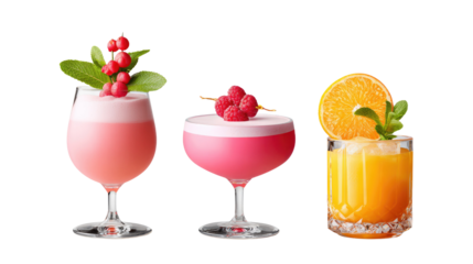 Trio of Elegant Cocktails: Three exquisitely crafted cocktails, each a unique blend of vibrant colors and tantalizing garnishes, stand as symbols of summer refreshment.