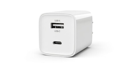 White USB wall charger with both USB-A and USB-C ports for modern device charging. Isolated on a clean white background.