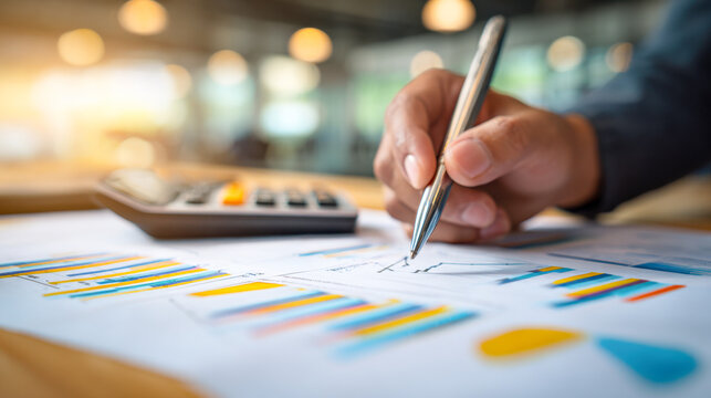 Accountant analyzing cash flow with charts and calculator during a business review session