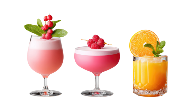 Trio of Elegant Cocktails: Three exquisitely crafted cocktails, each a unique blend of vibrant colors and tantalizing garnishes, stand as symbols of summer refreshment.