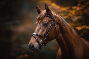 Fototapeta premium Beautiful brown horse in autumn foliage surrounded by soft natural light in a serene forest