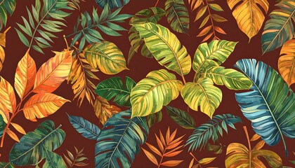 Vibrant tropical leaf pattern on a deep maroon background