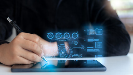 E-learning and digital education concept with a student using a tablet and stylus, online knowledge management system, artificial intelligence learning, and modern technology innovation.