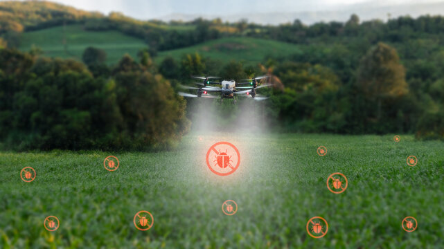 Smart agriculture technology with drone spraying pesticide over green farmland, pest control solution, precision farming innovation, sustainable agriculture, and modern crop protection.