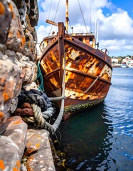 Rusty ship docked at harbor