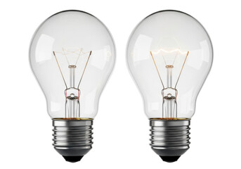 Photorealistic shot of two classic Edison-style incandescent light bulbs, one unlit showing intricate filament, one glowing warm yellow-orange on white studio background. Concept of innovation and