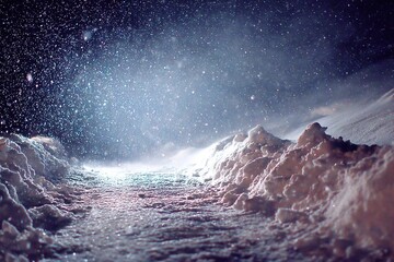 Snowflakes drift silently during a winter night creating a serene landscape under the moonlight in a quiet rural area