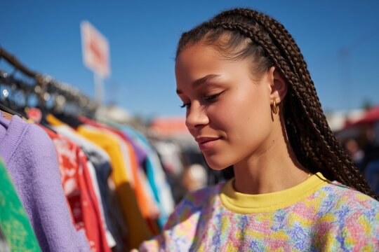 Young woman thrifting at vintage market holding secondhand blouse, colorful sustainable fashion scene