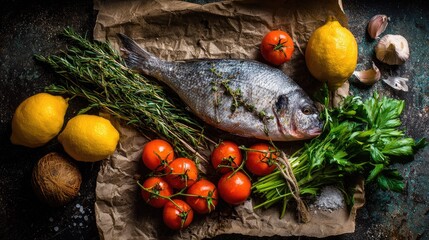 Fresh fish with herbs, lemon, and tomatoes on brown paper