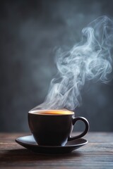 Steaming hot coffee in black cup on wooden table