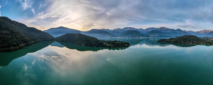 Aerial nature landscape sunset Piona village in Lake Como Italian Alps mountains in Lombardy - Powered by Adobe