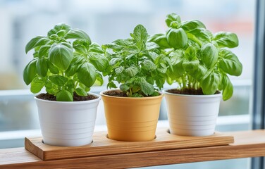 Fototapeta premium Minimalist urban gardening with potted herbs on a serene balcony
