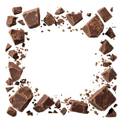 Irregular dark chocolate pieces, shards, chunks & fine crumbs scattered on a pristine transparent background, top-down view with soft studio light. Concept of gourmet confectionery and purity