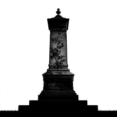 Silhouette of ornate stone monument with climbing vine on grass base