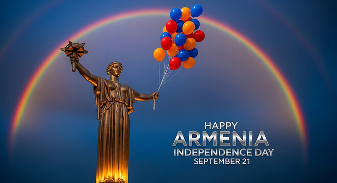 Celebrate armenia independence day with statue balloons and rainbow background