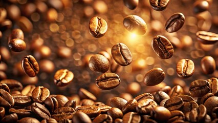 Obraz premium Roasted Coffee Beans in Airy Flight, Cascading Downward onto a Rich Brown Surface, Evoking a Sensual Experience of Aroma and Taste