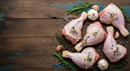 Raw chicken drumsticks and thighs with fresh rosemary, thyme, garlic, salt, and pepper on a rustic wooden background. Top view with copy space.