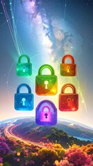 Colorful lock icons on a cosmic background with a planet below