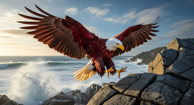 Majestic bald eagle soars above rocky coast hunting for prey wildlife photography
