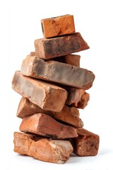 Rustic red bricks stacked in tower against white background