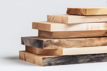 Stack of assorted wooden planks on white background for carpentry projects