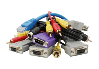 Various computer and audio cables, including ethernet and rca, in organized pile on a transparent background with copy space. Concept of digital connectivity