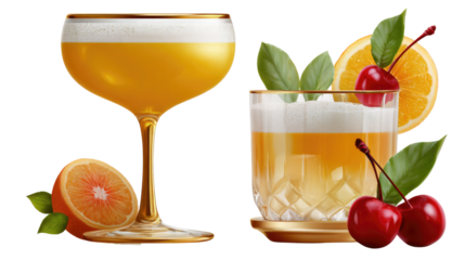 Golden Cocktail Duo: Exquisite mixology captured, two stylish cocktails showcase the art of refreshment with elegant garnishes, a zestful slice of citrus, and a delicate cherry accent.