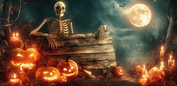 halloween theme with a skeleton holding a wooden sign board, pumpkins, and a full moon in the background. halloween concept. scary night scene for a halloween party invitation or banner design