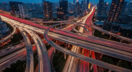 Stunning aerial view of a bustling city highway interchange at night, with vibrant light trails from cars weaving through modern skyscrapers.