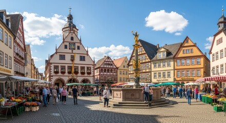 Bustling market square in a historic European town, featuring traditional architecture, a golden fountain, and shoppers enjoying a sunny day.