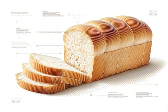 Intricate sliced loaf of bread with detailed annotation on white background