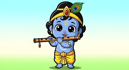 Obraz premium Krishna Plays Flute Cartoon Illustration