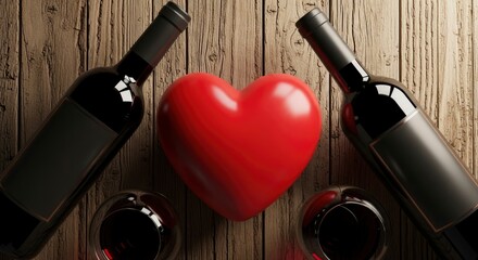 Romantic setup with red wine bottles, glasses, and a heart on a rustic wooden table, perfect for Valentine's Day or anniversaries.
