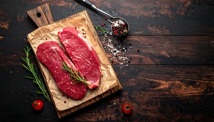 Raw steaks on wooden board