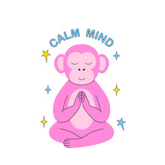 Pink  cartoon monkey in a meditative pose with the text Calm Mind