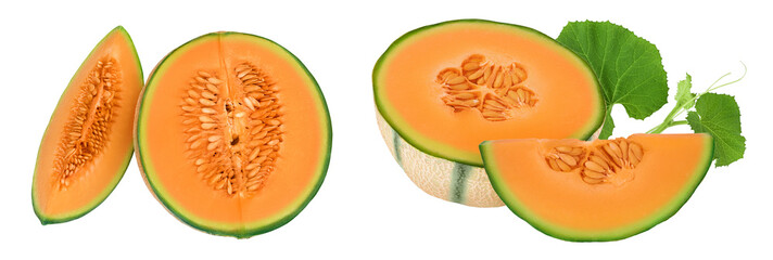 Cantaloupe melon half isolated on white background with full depth of field. Top view. Flat lay
