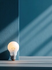Minimalist single light bulb concept design Soft Light Bulb Casting Shadows on Blue Wall and Surface. A soft light bulb rests against a blue wall, creating gentle shadows and a serene atmosphere