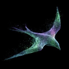 A vibrant, ethereal bird figure soars against a dark backdrop, its form composed of swirling, luminous particles of various pastel hues.