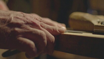 Close-up of aged hands meticulously shaping wood